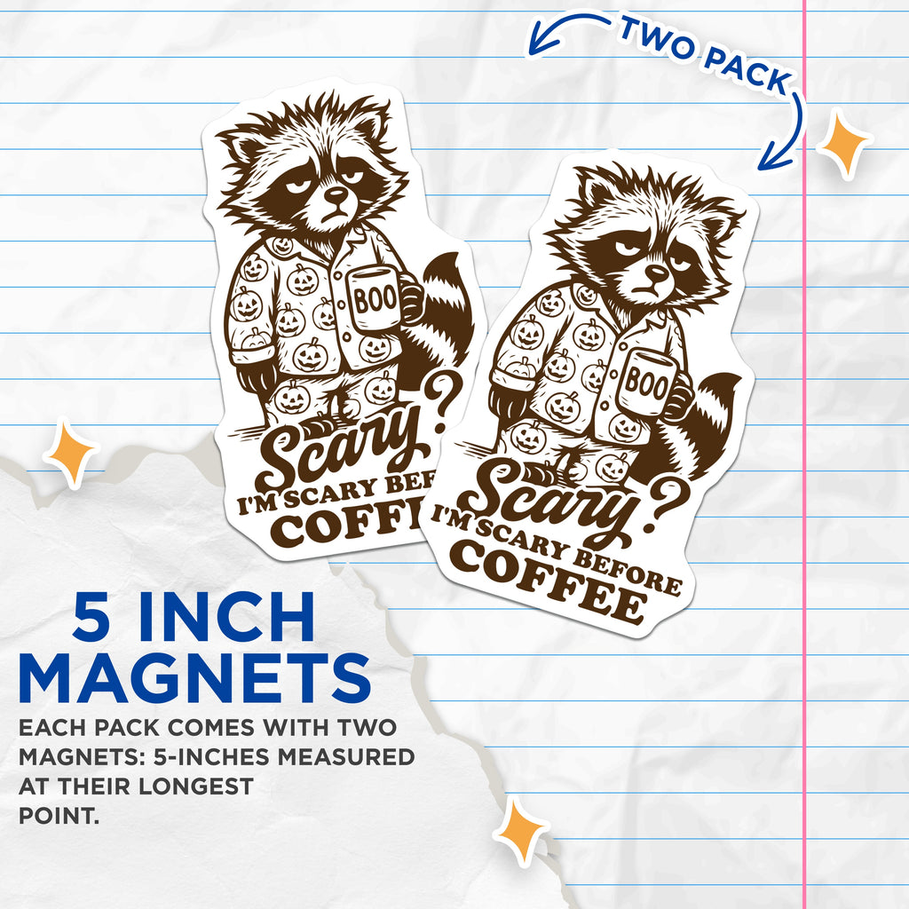 (2 Pack) Raccoon Coffee Magnets - Funny Halloween Decor - Grumpy Animal Fridge Accessory - 5 Inches On Longest Side - Thick Durable Magnet - Made in USA - MAG39631