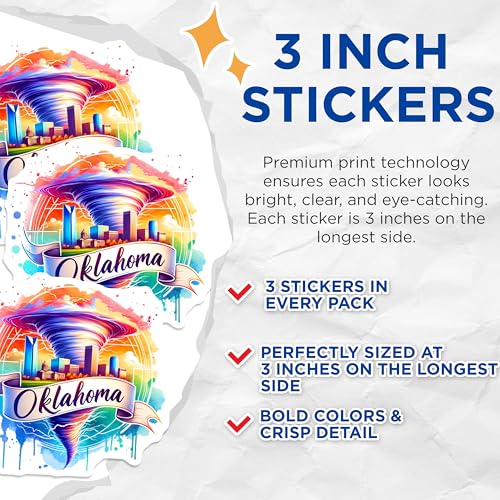 (3 Pack) Oklahoma Tornado Decals - Cityscape Weather - Laptop Decal - Colorful Stickers- 3 Inches On Longest Side - Easy Peel & Apply - Made in USA - 3MCS5312