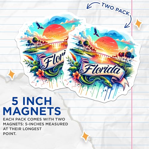 (2 Pack) Florida Travel Magnets - Sunshine State Souvenir - Scenic Palm Trees and Sunset Design (2 Pack) - 5" On Longest Side - for Cars, Fridges, Toolboxes - Made in USA - MAG6672