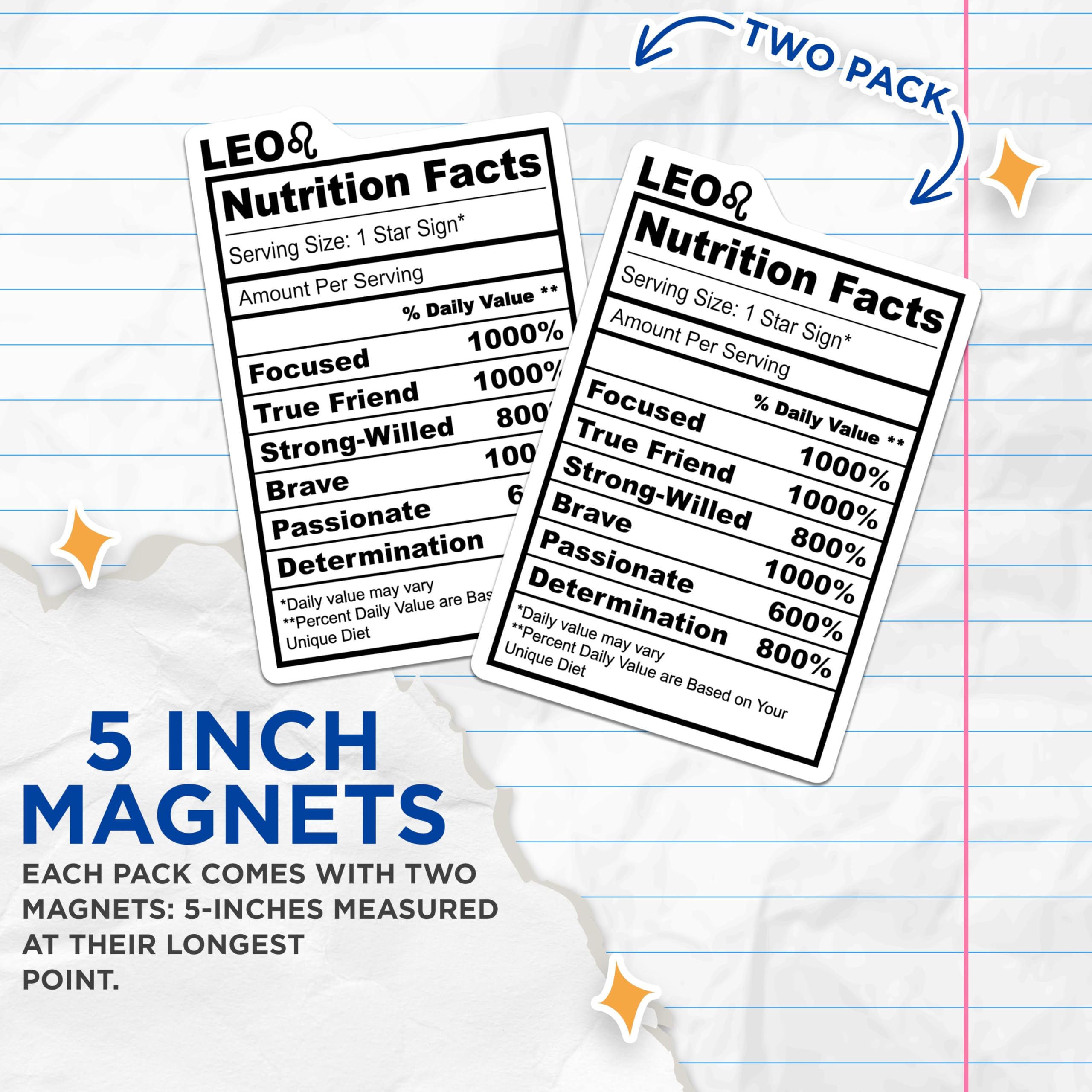 (2 Pack) Leo Nutrition Facts Magnets - Zodiac Sign - Star Sign Decor - 5" On Longest Side - Premium Magnet - for Cars, Refrigerators, Toolboxes, Lockers - Made in USA - MAG14218