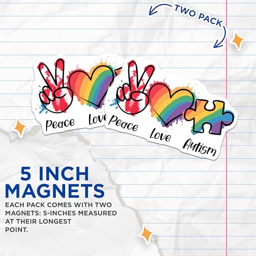 (2 Pack) Peace Love Autism Magnets Magnets - Awareness Decor - Rainbow Puzzle Piece - 5" On Longest Side - Made in USA - Sticks to Refrigerators & Metal Surfaces - MAG8417