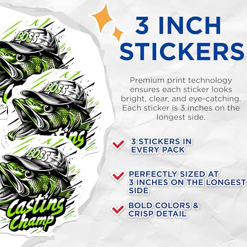 (3 Pack) Bass Fishing Decals - Casting Champ - Funny Fish Decals - 3 Inches On Longest Side - Easy Peel & Apply - Made in USA - 3MCS2156