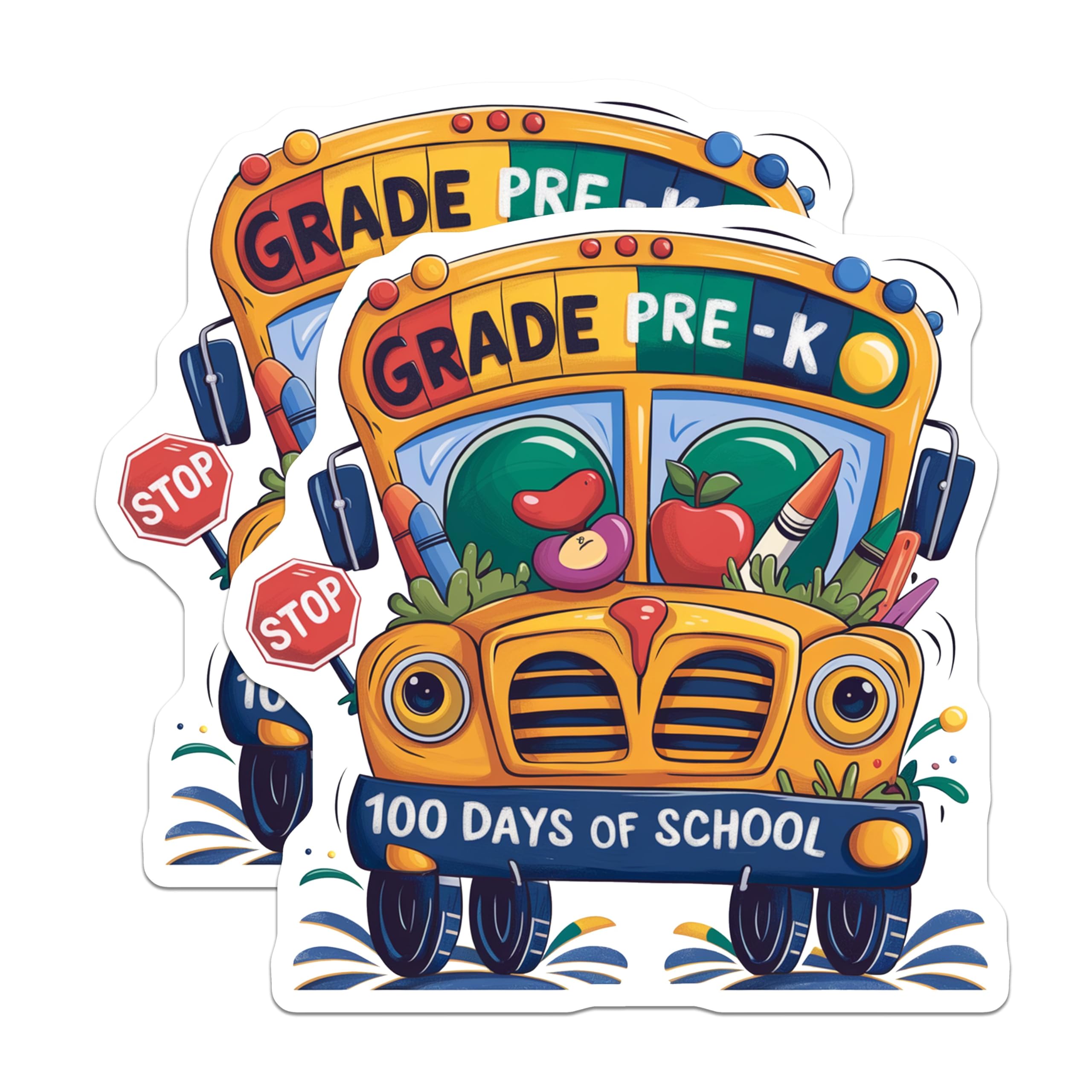 (2 Pack) 100 Days of School Magnets - Pre-K Grad Magnets - School Bus Magnets with Stop Sign Design - 5" On Longest Side - for Cars, Refrigerators, Toolboxes, Lockers - Made in USA BMCS3400