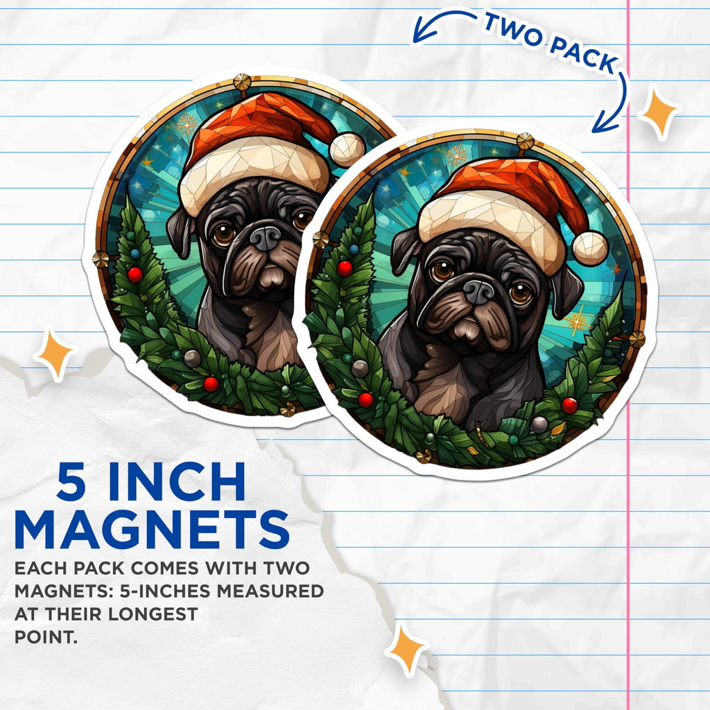 (2 Pack) Christmas Pug Magnets - Stained Glass Art Dog Decor - Festive Holiday Animal Lover Refrigerator Magnets - 5 Inches On Longest Side - Thick Durable Magnet - Made in USA - MAG23561