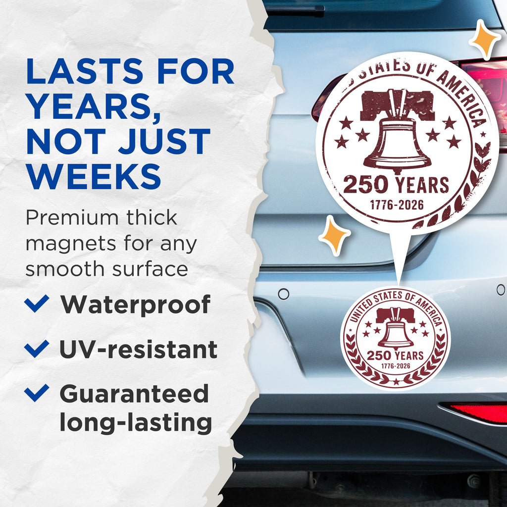 (2 Pack) USA 250 Years Magnets - Liberty Bell American History - Patriotic Commemorative Decor - Independence Day - 5 Inches On Longest Side - Thick Durable Magnet - Made in USA - MAG37397