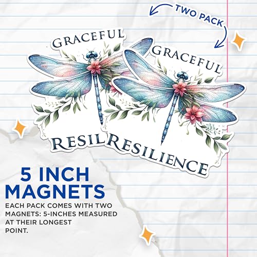 (2 Pack) Graceful Resilience Magnets - Inspirational Dragonfly Magnets - Floral Dragonfly Decorative Magnets- 5" On Longest Side - for Fridges, Toolboxes, Cars - Made in USA - MAG2679
