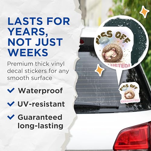 (2 Pack) Piss Off Exhausted Stickers - Funny Hedgehog Sticker - Cute Animal Vinyl Decal - 5" On Longest Side - Sticks to Smooth Flat Surfaces - Made in USA - BMCS6452
