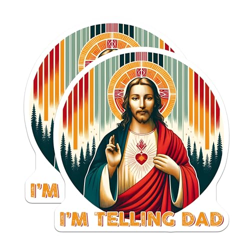 (2 Pack) Im Telling Dad Stickers - Funny Dad Meme - Jesus Art - 5" On Longest Side - Sticks to Smooth Flat Surfaces - Made in USA - BMCS7492