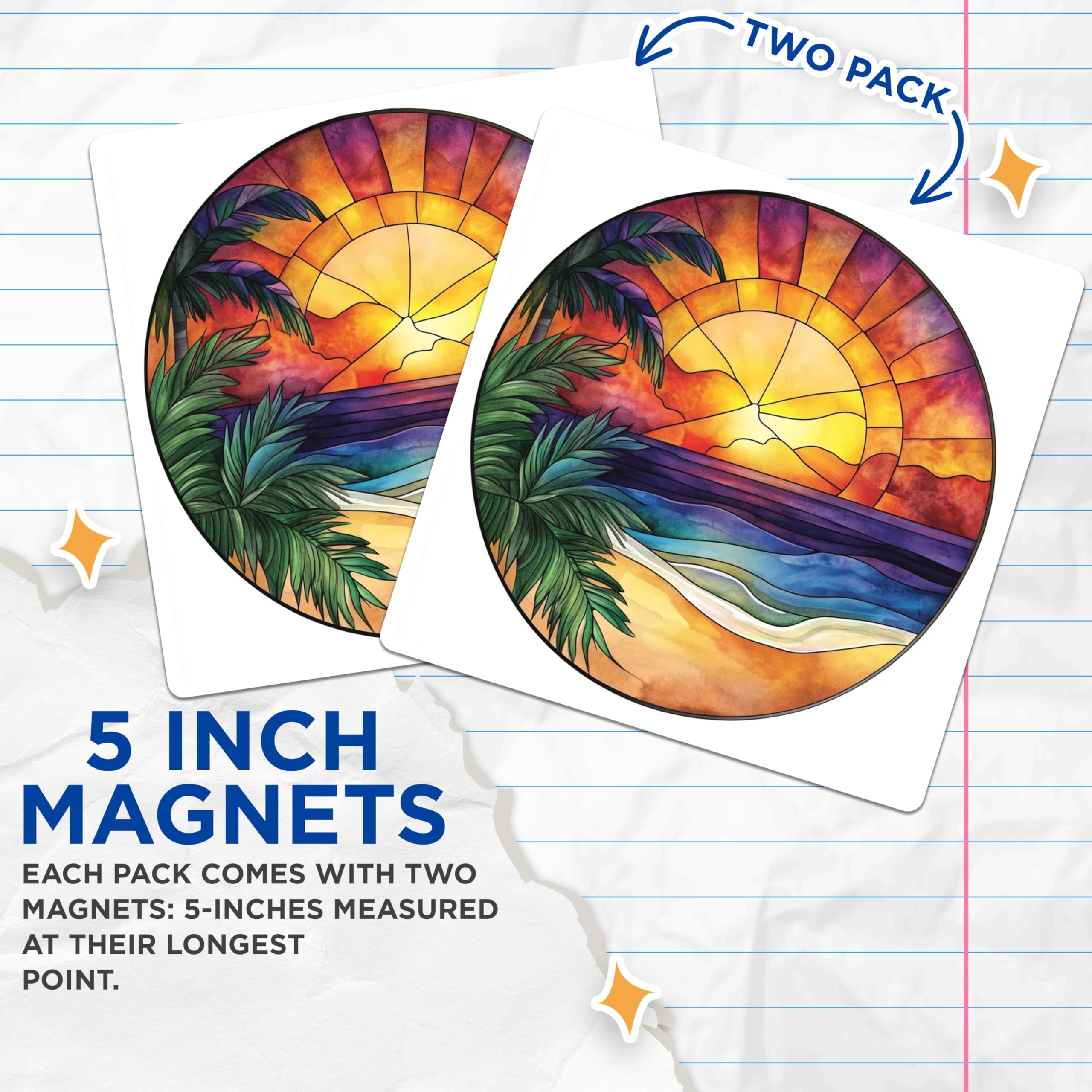 (2 Pack) Tropical Sunset Magnets - Stained Glass Beach Scene - Coastal Aesthetic Decor - 5 Inches On Longest Side - Thick Durable Magnet - Made in USA - MAG28661