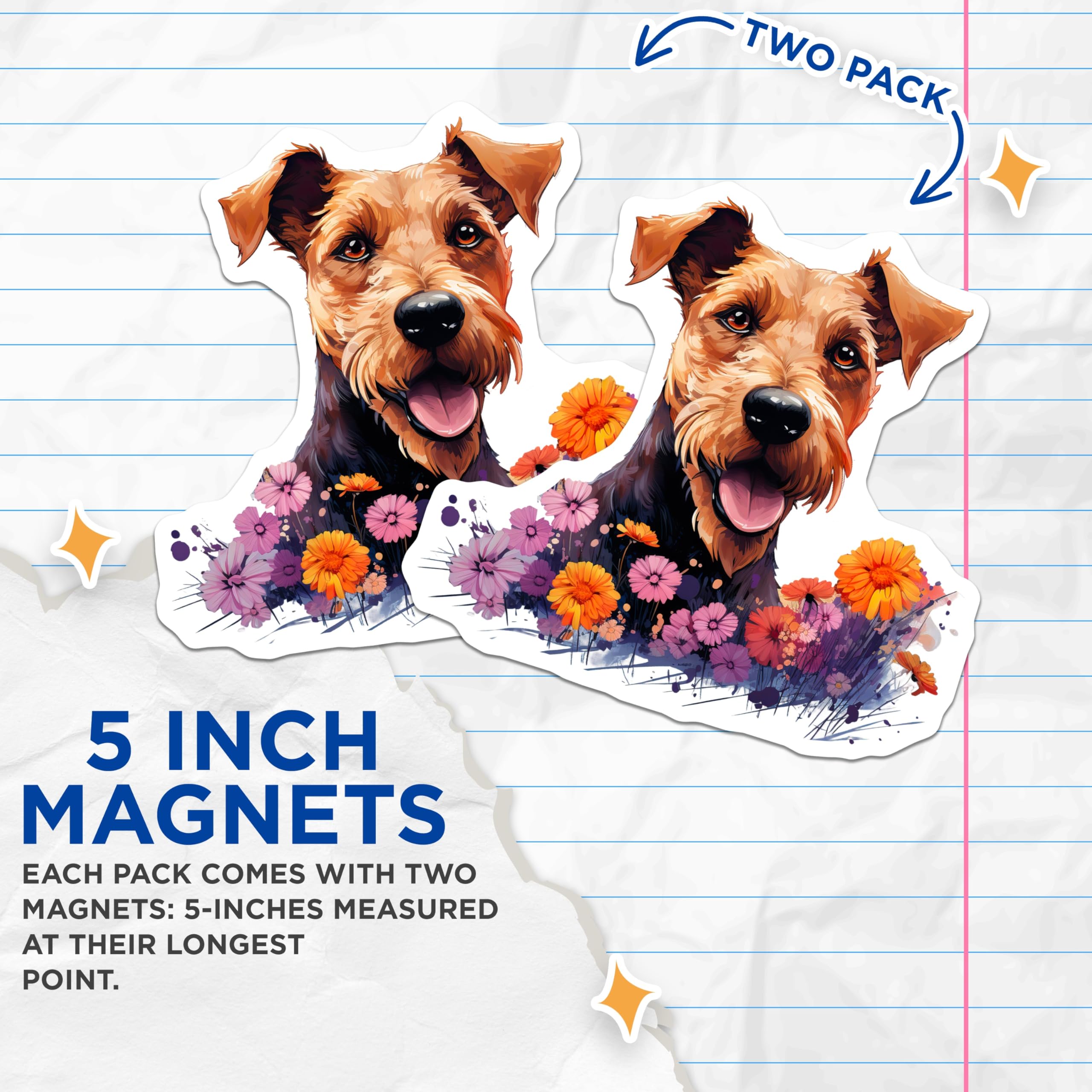 (2 Pack) Airedale Terrier Magnets - Dog Lover Decor - Floral Pet Art for Refrigerator - 5 Inches On Longest Side - Thick Durable Magnet - Made in USA - MAG26126