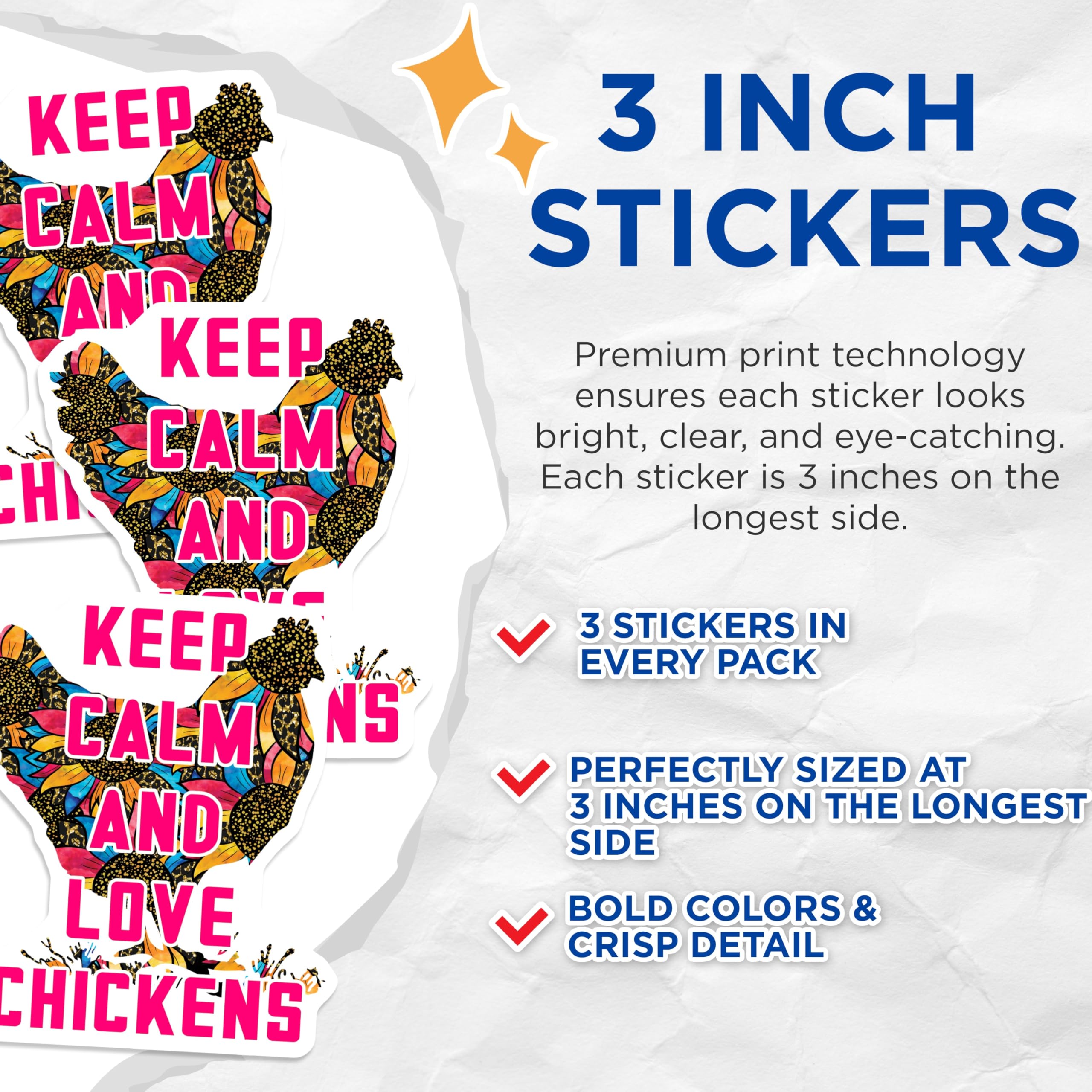(3 Pack) Chicken Decals - Keep Calm - Love Chickens - Laptop Decals - 3 Inches On Longest Side - Easy Peel & Apply - Made in USA - 3MCS4408