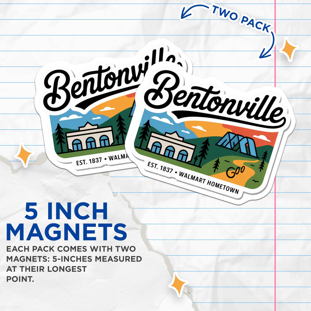 (2 Pack) Bentonville Arkansas Magnets - Northwest Arkansas Decor - Fridge Magnets - 5" On Longest Side - Premium Magnet - for Cars, Refrigerators, Toolboxes, Lockers - Made in USA - MAG17615