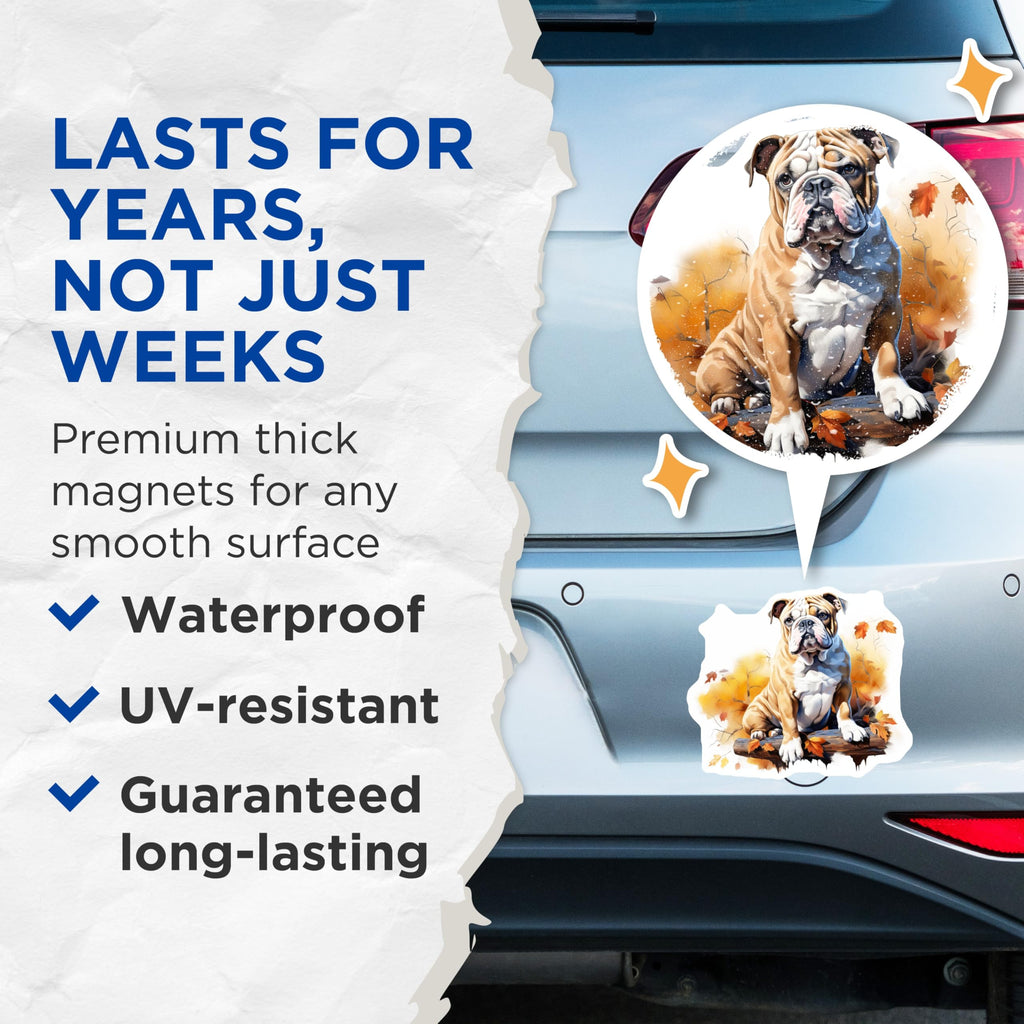 (2 Pack) Bulldog Autumn Magnets - Fall Dog Lover Decor - Pet Parent Refrigerator Art - Cozy Animal Home Accessory - 5 Inches On Longest Side - Thick Durable Magnet - Made in USA - MAG30450