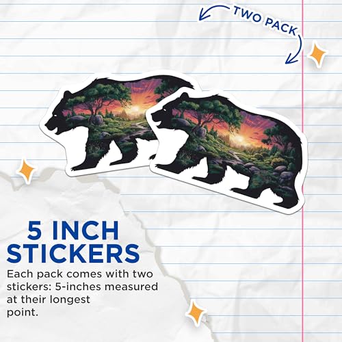 (2 Pack) Bear Forest Landscape Stickers - Nature Art Decals - Wildlife Scenery Stickers - 5" On Longest Side - Sticks to Smooth Flat Surfaces - Made in USA - BMCS6415