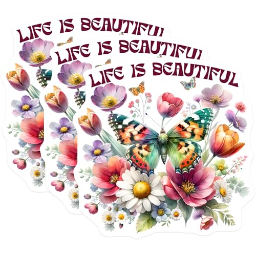 (3 Pack) Floral Butterfly Decals - Life is Beautiful Sticker - Laptop Decals - 3 Inches On Longest Side - Easy Peel & Apply - Made in USA - 3MCS0074
