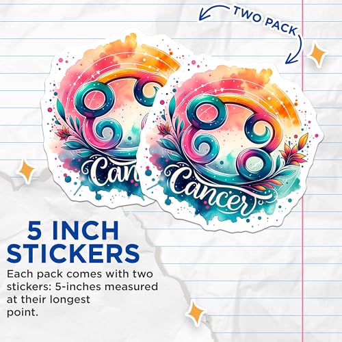 (2 Pack) Cancer Zodiac Sign Stickers - Watercolor Art - Horoscopes Sticker - 5" On Longest Side - Sticks to Smooth Flat Surfaces - Made in USA - BMCS6731