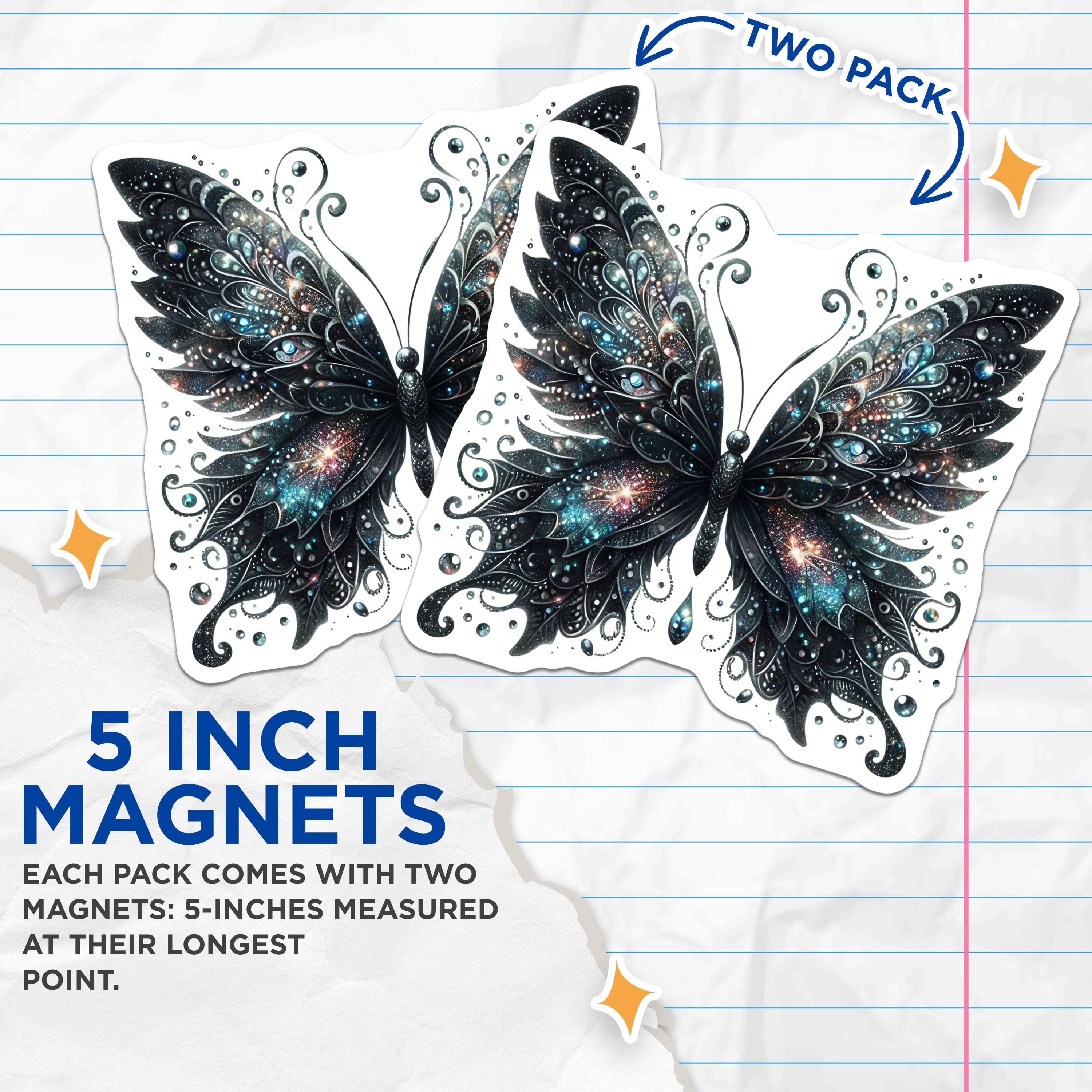 (2 Pack) Galaxy Butterfly Magnets - Cosmic Starry Art - Dark Fantasy Whimsical Decor - 5 Inches On Longest Side - Thick Durable Magnet - Made in USA - MAG39753