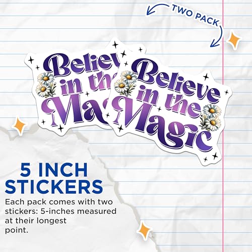 (2 Pack) Believe in The Magic Stickers - Inspirational Quote - Flower Illustration - 5" On Longest Side - Sticks to Smooth Flat Surfaces - Made in USA - BMCS8053
