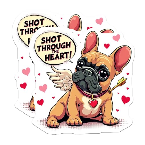 (2 Pack) Shot Through The Heart Bulldog Stickers - Cute French Bulldog Stickers - Funny Dog Lover Stickers - 5" On Longest Side - Sticks to Smooth Flat Surfaces - Made in USA - BMCS4662