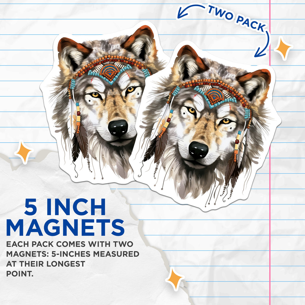 (2 Pack) Wolf Head Magnets - Tribal Wolf Decor - Spirit Animal Art - Boho Style Refrigerator Magnets - 5 Inches On Longest Side - Thick Durable Magnet - Made in USA - MAG39529