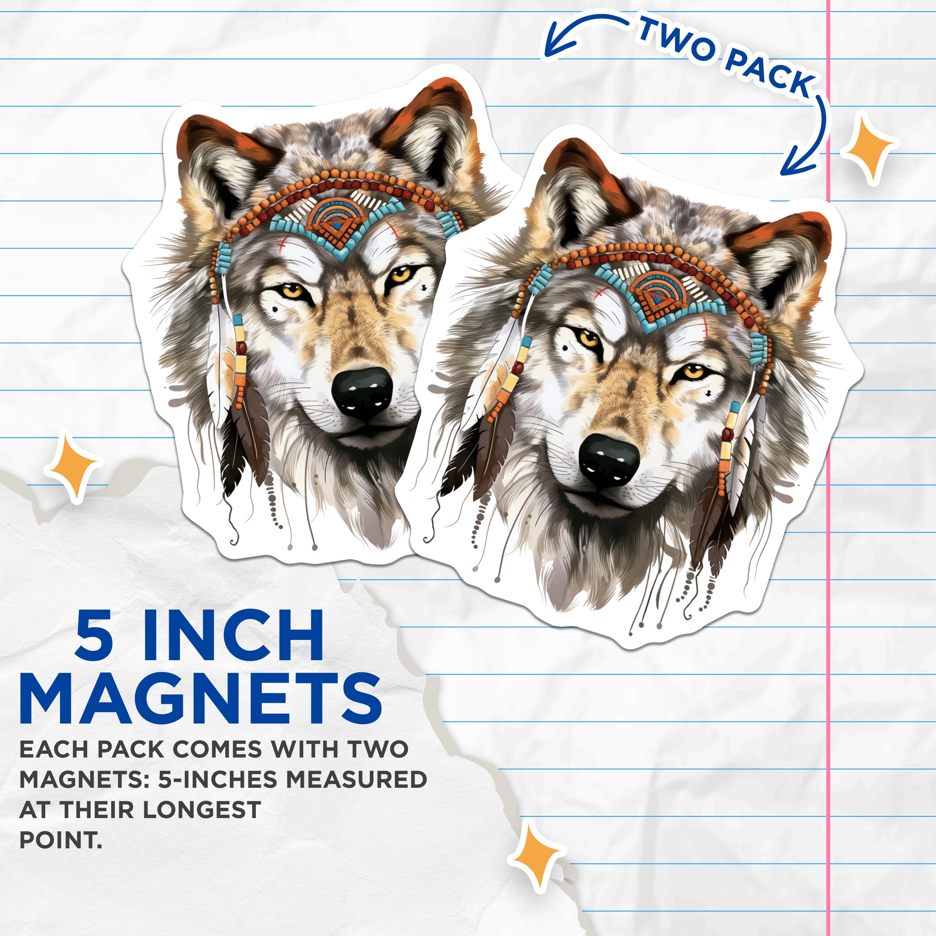 (2 Pack) Wolf Head Magnets - Tribal Wolf Decor - Spirit Animal Art - Boho Style Refrigerator Magnets - 5 Inches On Longest Side - Thick Durable Magnet - Made in USA - MAG39529