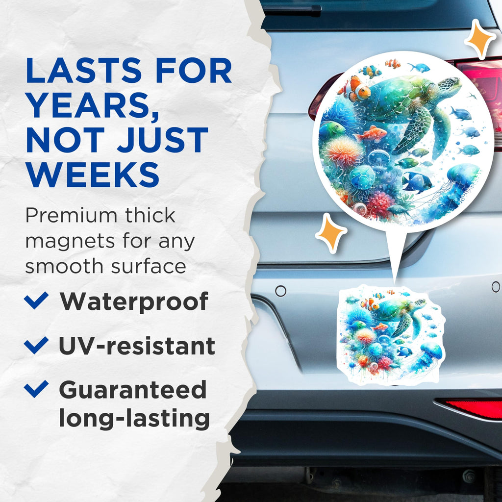 (2 Pack) Sea Turtle Magnets - Clownfish Decor - Ocean Life Art - 5" On Longest Side - Premium Magnet - for Cars, Refrigerators, Toolboxes, Lockers - Made in USA - MAG15576