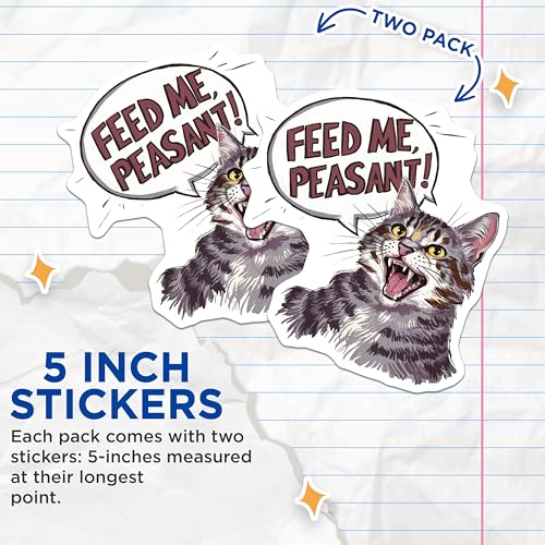 (2 Pack) Funny Cat Stickers - Feed Me Peasant - Cat Lover Gift - 5" On Longest Side - Sticks to Smooth Flat Surfaces - Made in USA - BMCS8746