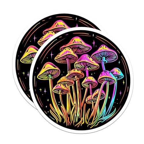 (2 Pack) Psychedelic Mushroom Stickers - Trippy Art - Colorful Mushroom Decor - 5" On Longest Side - Sticks to Smooth Flat Surfaces - Made in USA - BMCS6889