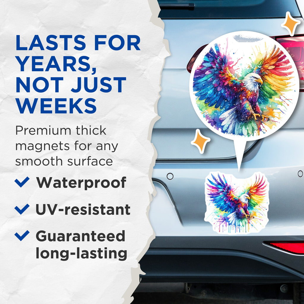 (2 Pack) Watercolor Eagle Magnets - Rainbow Bird Art - Freedom Symbol Decor - Fridge Locker Display - 5 Inches On Longest Side - Thick Durable Magnet - Made in USA - MAG37831