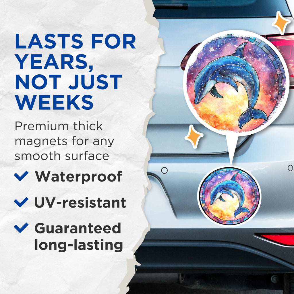 (2 Pack) Dolphin Stained Glass Magnets - Celestial Ocean Art - Watercolor Fridge Decor - 5 Inches On Longest Side - Thick Durable Magnet - Made in USA - MAG25228