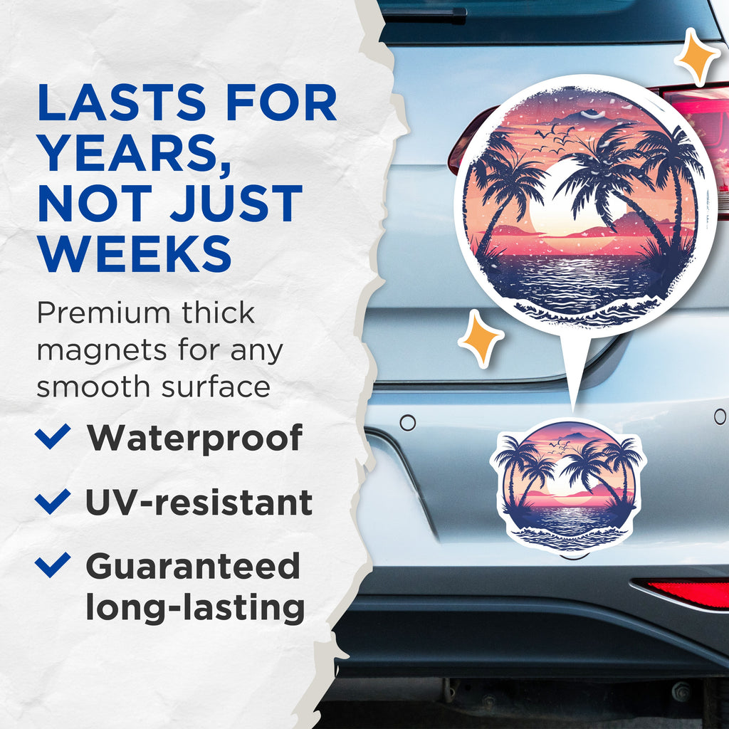 (2 Pack) Tropical Sunset Magnets - Palm Tree Beach Scene - Ocean Landscape Refrigerator Decor - 5 Inches On Longest Side - Thick Durable Magnet - Made in USA - MAG38179