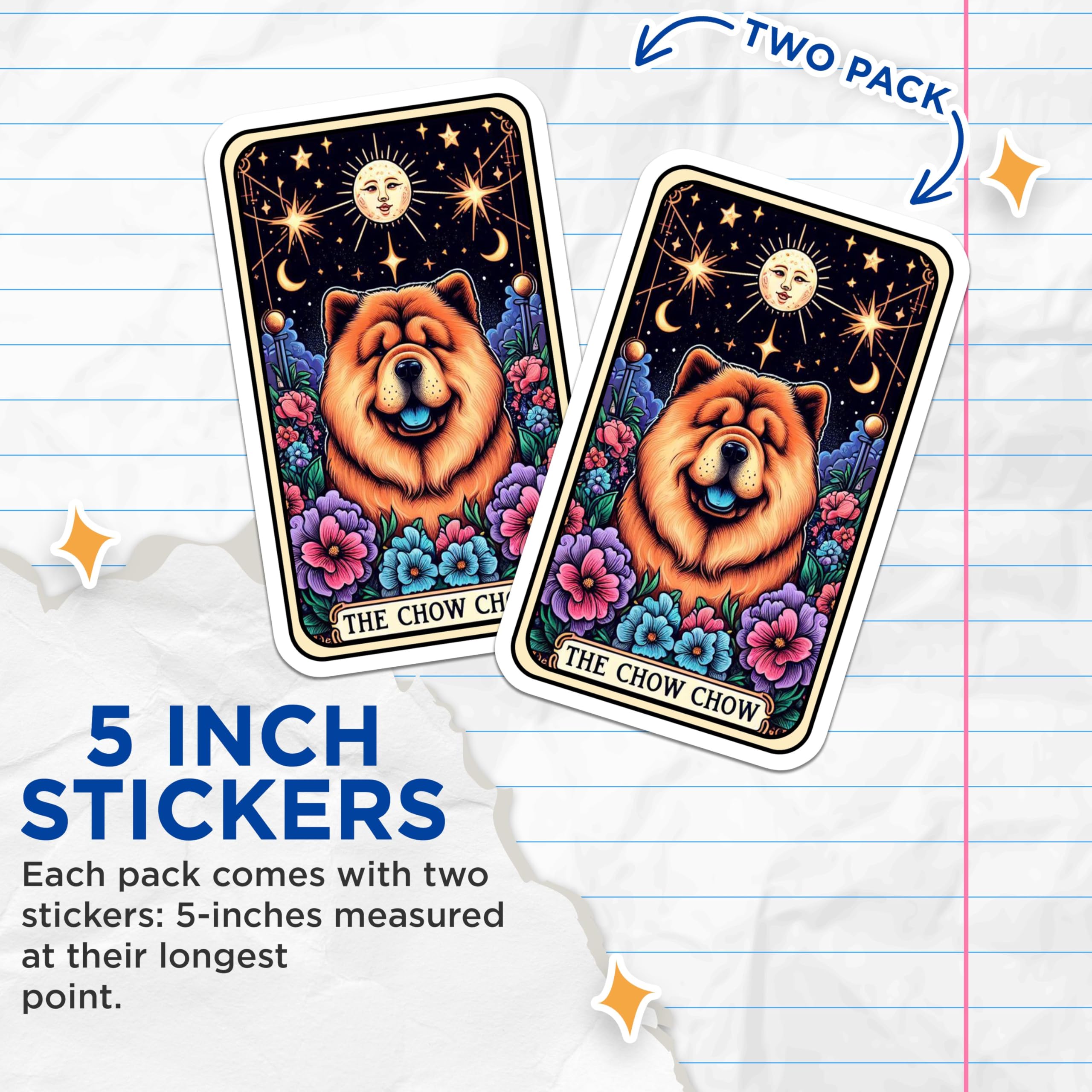 (2 Pack) Chow Chow Dog Stickers - Cute Floral Dog Stickers - Starry Night Dog Stickers - 5" On Longest Side - Sticks to Smooth Flat Surfaces - Made in USA - BMCS4812