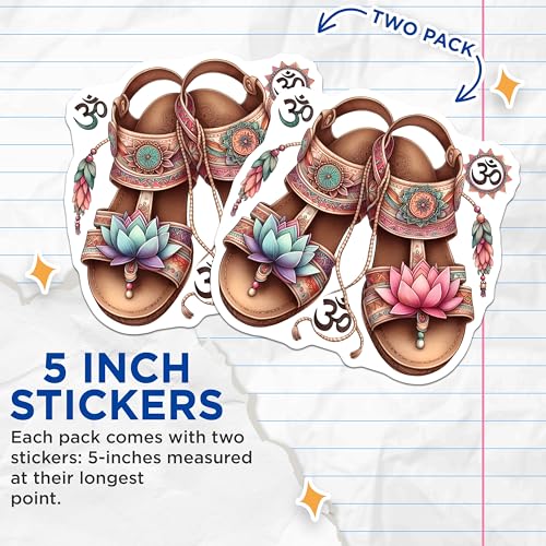(2 Pack) Spiritual Sandal Stickers - Boho Flower - Artistic Mandala - 5" On Longest Side - Sticks to Smooth Flat Surfaces - Made in USA - BMCS8843