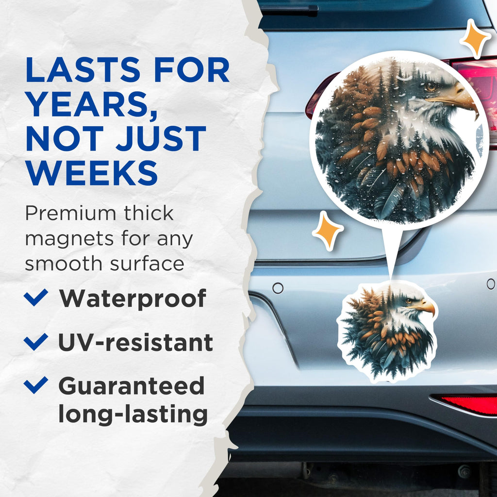 (2 Pack) Eagle Head Magnets - Forest Bald Eagle Decor - Patriotic Fridge Magnets - 5" On Longest Side - Premium Magnet - for Cars, Refrigerators, Toolboxes, Lockers - Made in USA - MAG14446