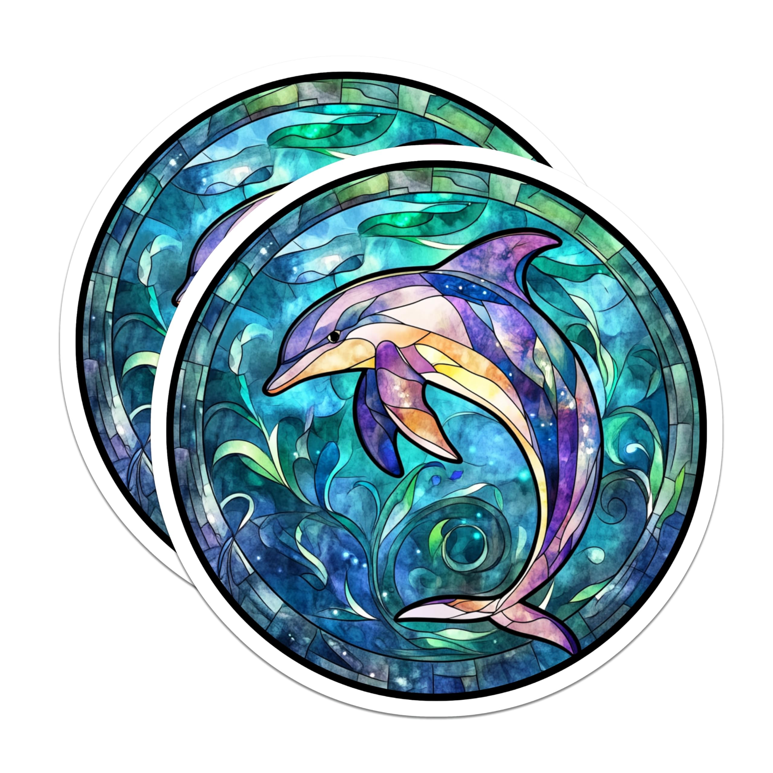 (2 Pack) Stained Glass Dolphin Magnets - Vibrant Ocean Animal Art - Marine Life Fridge Decor - Aquatic Aesthetic Accents - 5 Inches On Longest Side - Thick Durable Magnet - Made in USA - MAG30416
