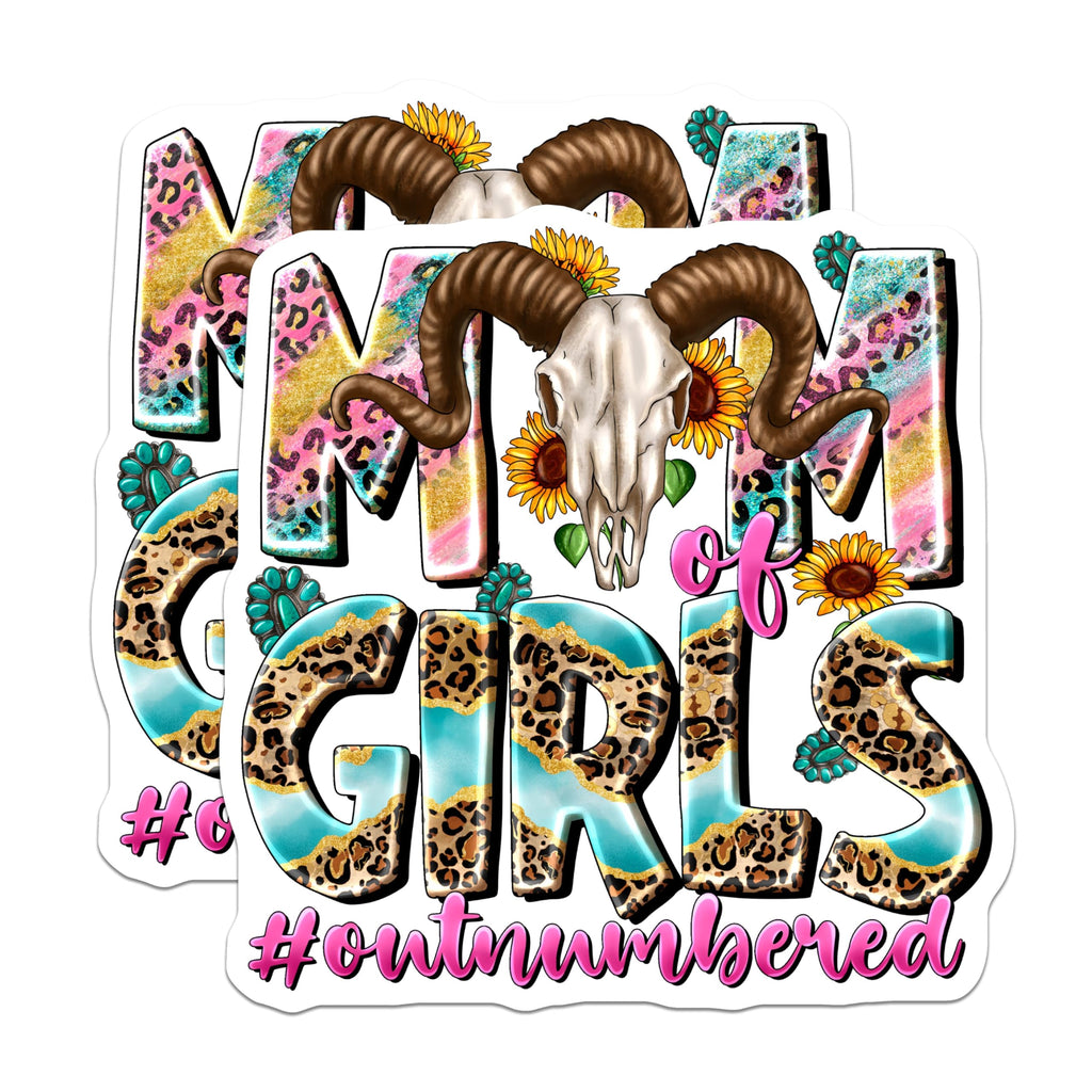 (2 Pack) Mom of Girls Magnets - Outnumbered Mama Humor - Western Skull Sunflowers - Leopard Print Boho Mom Life - 5 Inches On Longest Side - Thick Durable Magnet - Made in USA - MAG23312
