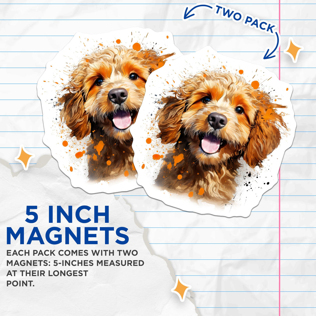 (2 Pack) Goldendoodle Puppy Magnets - Happy Dog Art - Cute Pet Home Accents - 5 Inches On Longest Side - Thick Durable Magnet - Made in USA - MAG30951