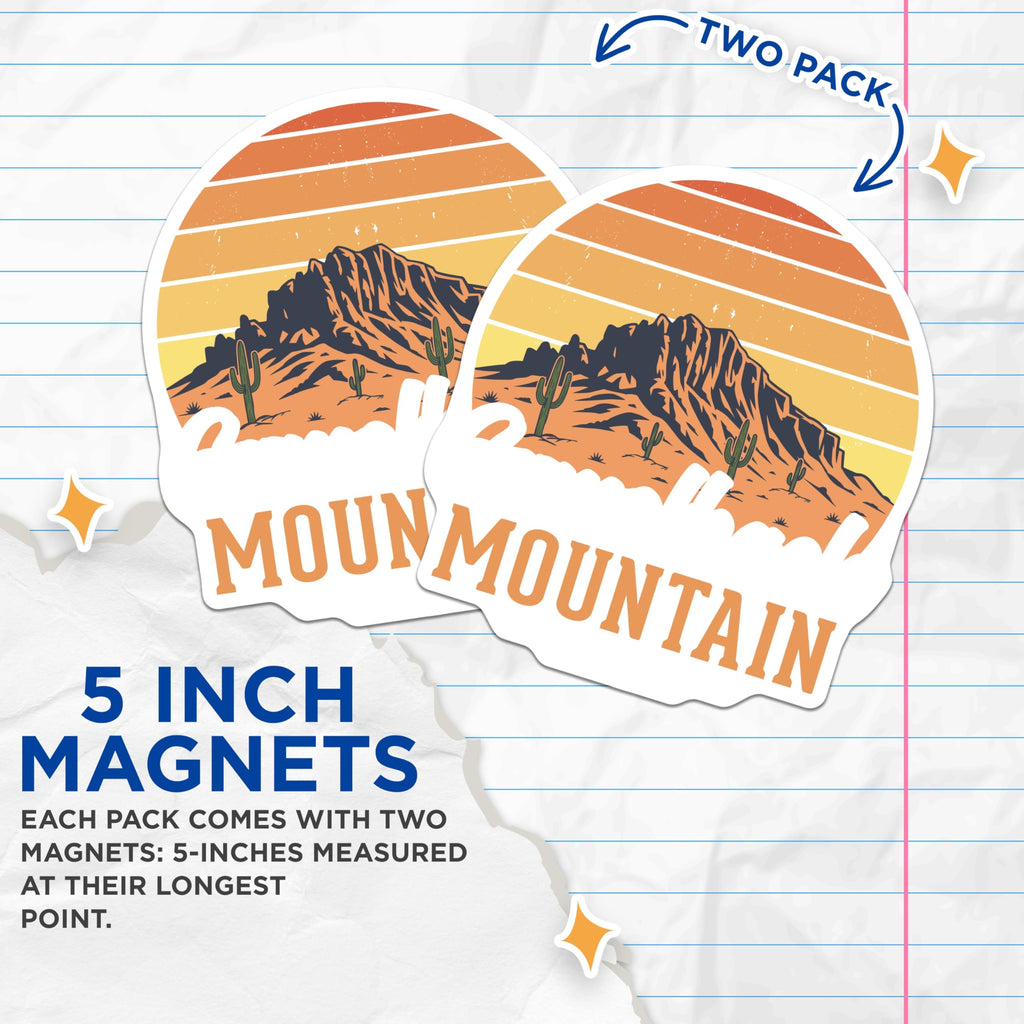 (2 Pack) Superstition Mountain Magnets - Arizona Desert Art - Retro Sunset Magnets - 5" On Longest Side - Premium Magnet - for Cars, Refrigerators, Toolboxes, Lockers - Made in USA - MAG18269