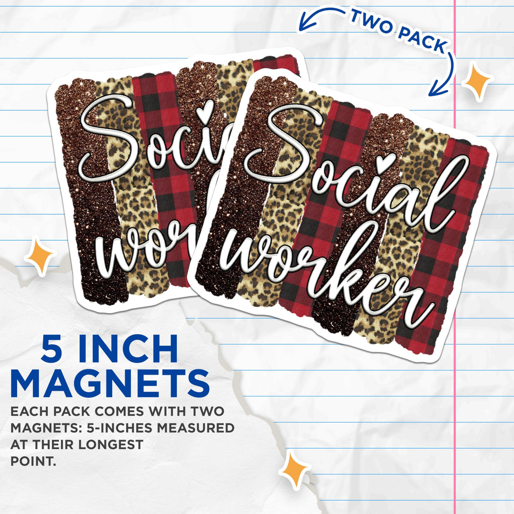 (2 Pack) Social Worker Magnets - Appreciation - Leopard Buffalo Plaid Magnet - 5" On Longest Side - Premium Magnet - for Cars, Refrigerators, Toolboxes, Lockers - Made in USA - MAG15012