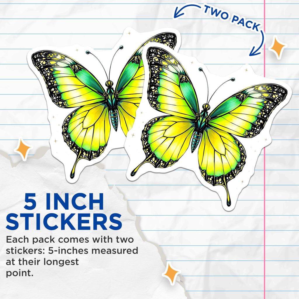 (2 Pack) Butterfly Stickers - Green Yellow Butterfly - Nature Insect Sticker - 5" On Longest Side - Sticks to Smooth Flat Surfaces - Made in USA - BMCS15824