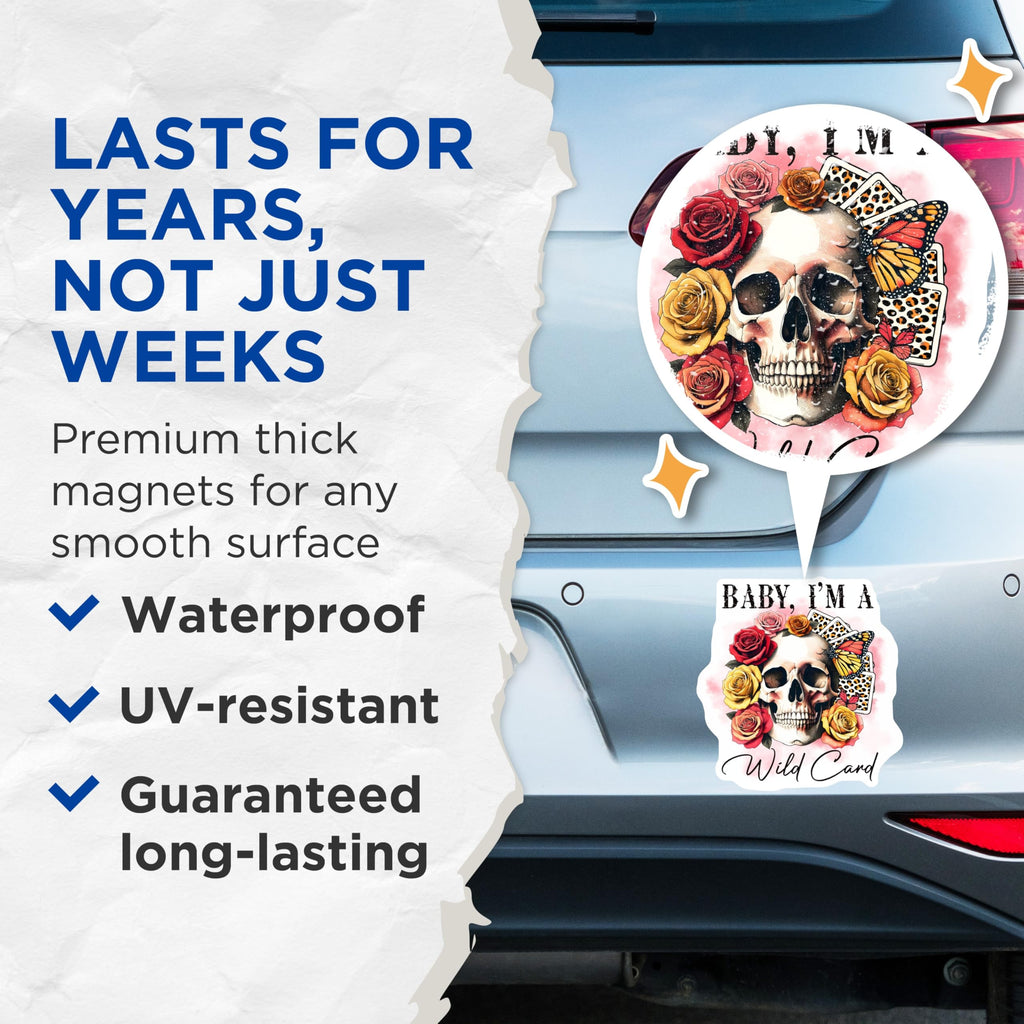 (2 Pack) Wild Card Magnets - Skull and Roses - Playing Card Magnets - 5" On Longest Side - Premium Magnet - for Cars, Refrigerators, Toolboxes, Lockers - Made in USA - MAG14731