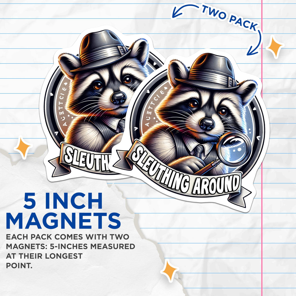(2 Pack) Sleuthing Raccoon Magnets - Detective - Cute Animal Design - 5" On Longest Side - for Cars, Fridges, Toolboxes - Made in USA - MAG4540