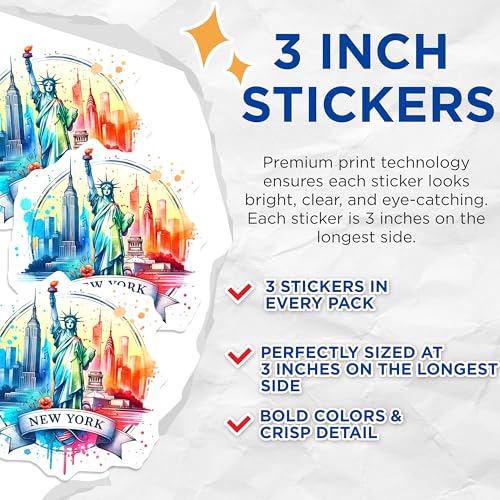 (3 Pack) New York City Decals - Statue of Liberty - NYC Skyline- 3 Inches On Longest Side - Easy Peel & Apply - Made in USA - 3MCS5800