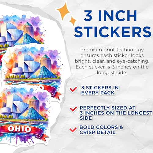 (3 Pack) Ohio Decals - Cleveland Skyline - Ohio Travel Souvenir- 3 Inches On Longest Side - Easy Peel & Apply - Made in USA - 3MCS5252