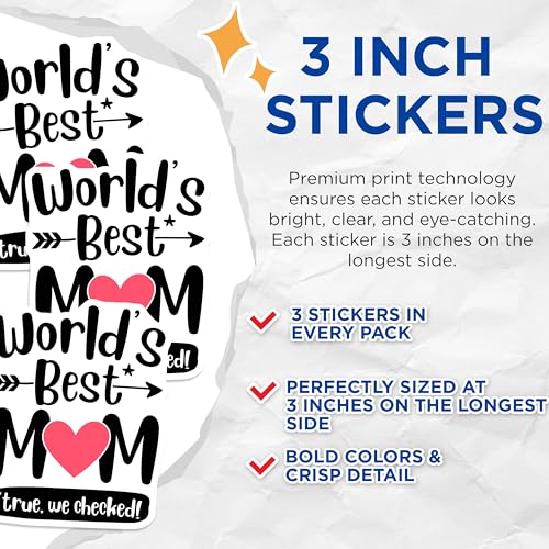 (3 Pack) Worlds Best Mom Decals - Cute Mom Decal - Mothers Day Decals - 3 Inches On Longest Side - Easy Peel & Apply - Made in USA - 3MCS4597