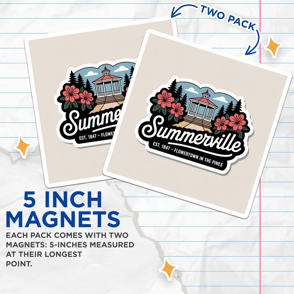 (2 Pack) Summerville Magnets - Flowertown in the Pines - Gazebo Landscape Art - 5 Inches On Longest Side - Thick Durable Magnet - Made in USA - MAG19446