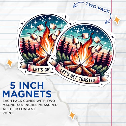 (2 Pack) Campfire Magnets - Lets Get Toasted - Marshmallow Camp Decor - Fun Campfire Decoration Magnets - 5" On Longest Side - for Cars, Fridges, Toolboxes - Made in USA - MAG7016