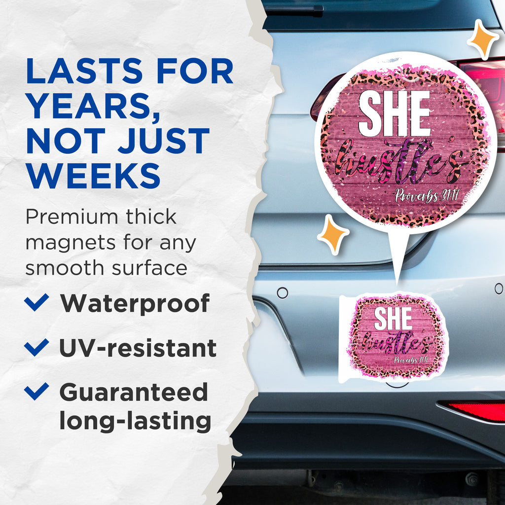 (2 Pack) She Hustles Magnets - Proverbs 31 Faith Decor - Christian Woman Entrepreneur Reminder - 5 Inches On Longest Side - Thick Durable Magnet - Made in USA - MAG39783