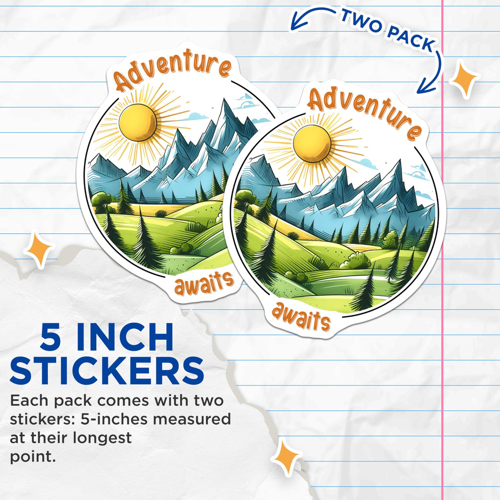 (2 Pack) Adventure Awaits Stickers - Nature Mountain Stickers - Outdoor Adventure Stickers - 5" On Longest Side - Sticks to Any Smooth Flat Surface - Made in USA - BMCS3267