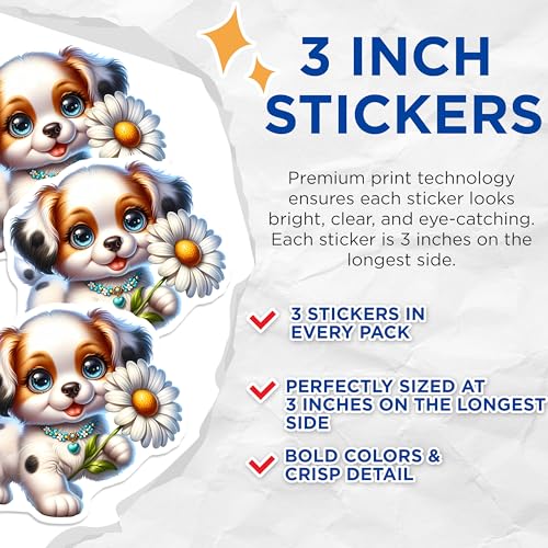 (3 Pack) Cute Puppy Decals - Flower Dog - Laptop Decals - 3 Inches On Longest Side - Easy Peel & Apply - Made in USA - 3MCS8159